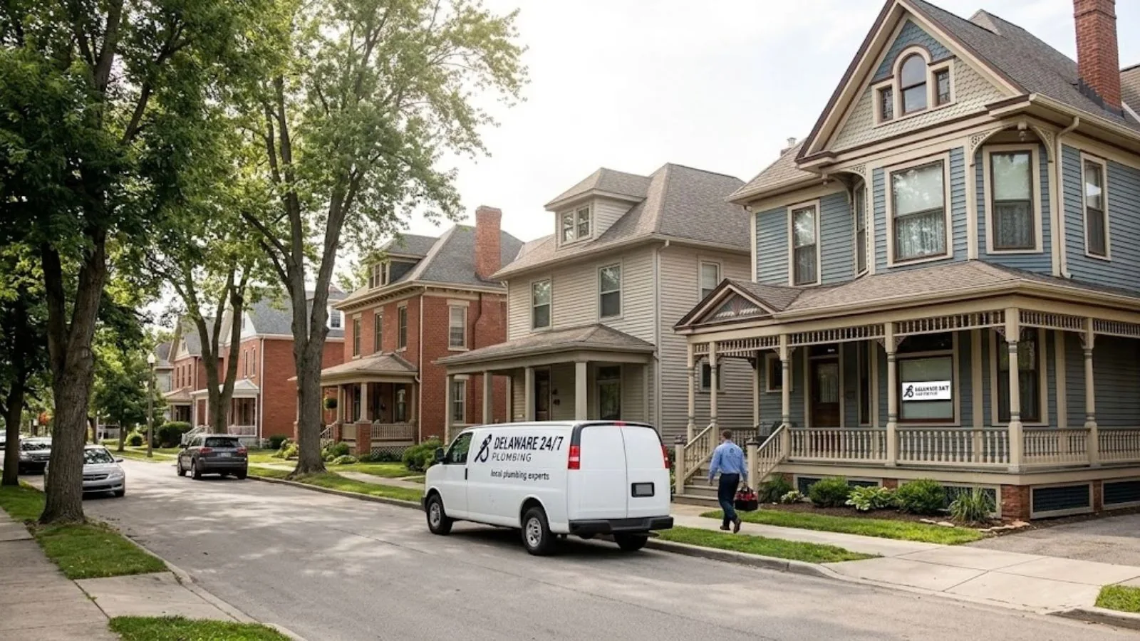 Delaware 24/7 Plumbing service van on a residential street in Delaware, Ohio